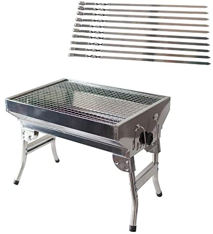Mangal Angler, rostfrei mit Klappbeinen + 10 Spiesse/Edelstahl, Holzkohlegrill, Portable, Kompakt, BBQ