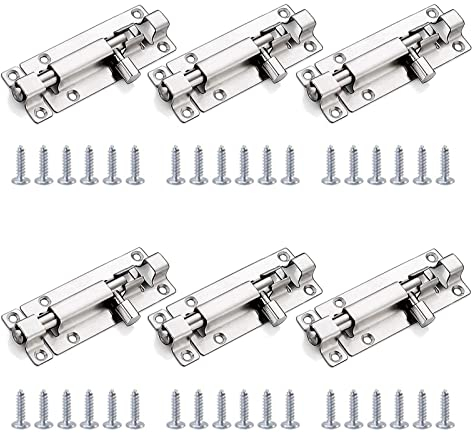 Sicherheitstürriegel aus Edelstahl,Türriegel Edelstahl,Riegelschloss 6 Stück Schiebeschlösser,6 Sätze Schrauben,Tür Riegel Schiebeschloss Zubehör für Verriegelung für Türen Türverriegelung