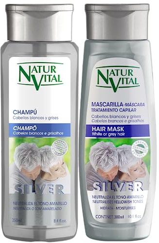 NaturVital Pack Matizante para cabello Blanco, Gris, con Canas o Decolorado - Champú + Mascarilla Silver (250ml + 300ml) con pigmento Violeta natural de Arándano Azul, neutraliza el tono amarillo