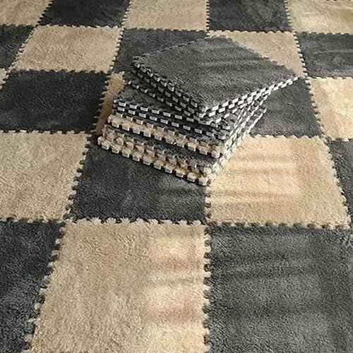 Typutomi 10pcs Plush Puzzle Foam Floor Mat, Soft Fluffy Interlocking Square Foam Tiles Area Rugs Carpet for Parlor Bedroom Decoration(11.8x11.8in, Grey & Light Brown)