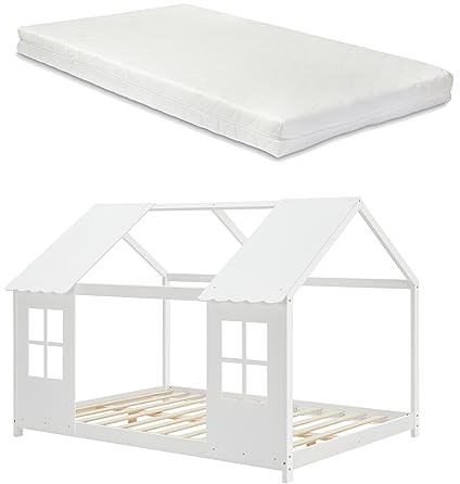 [en.casa] Kinderbett Tostedt mit Matratze Hausbett Jugendbett Bettenhaus Halboffenes Design Montessori Bett aus massiver Kiefer Bettgestell Holz 140 x 200 cm Weiß