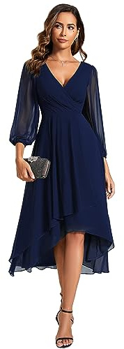 Ever-Pretty Robes d'invité de Mariage Col en V Manches Longues Mousseline Midi Ourlet asymétrique EG01926