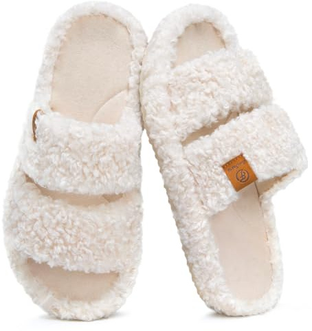 EverFoams Womens Fuzzy Open-toe Slippers Soft Comfy Memory Foam Indoor House Shoes Vanilla Ice,9-10 US