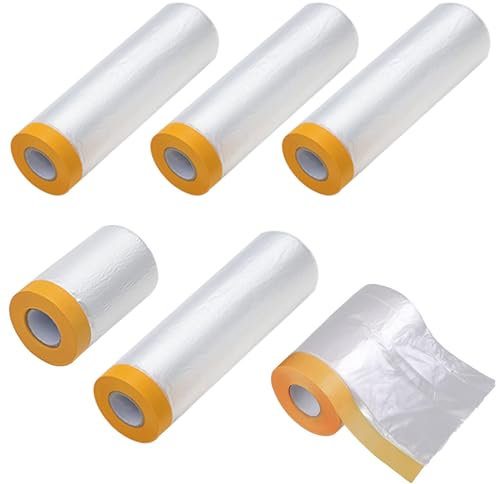 HRJZF 6 Pack Tape and Drape, Pre-Taped Masking Film for Automotive Painting and Decorating, Self-Adhesive Painting Drop Film, Plastic Dust Sheets (20M/Pack, 3 Sizes)