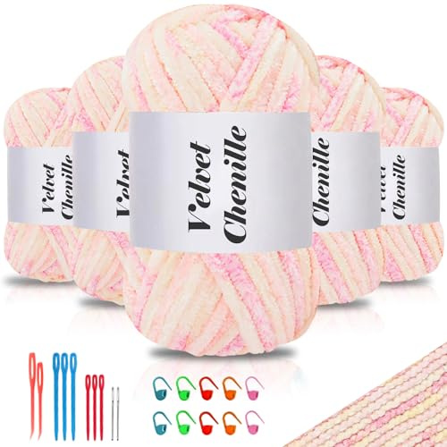 Maxee 500 g (5 × 100 g) sammetslen babyull, sammetsnillgarn med virkade verktyg, gosig mjuk sammet, chenillegarn, fluffig, mjuk plyschull, virkgarn, ull för stickning och virkning
