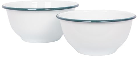 Argon Tableware 2 Piece Mixing Bowl Set - Green Rim - Large White Enamelware Metal Nesting Kitchen Mixing Bowls for Baking, Cooking, Food Prep, Salad, Picnic, Camping & Outdoor Use - 1.6L & 1.1L