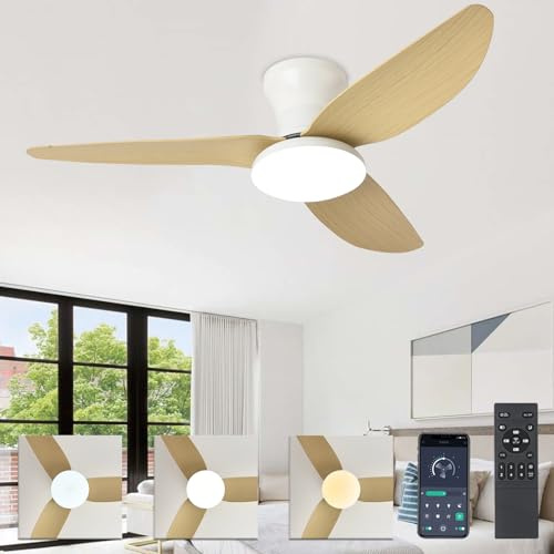 LED Modernité Ventilateur avec lumière, ventilateur de plafond silencieux avec lumiere et telecommande avec 3 Pales réversibles, 6Vitesses, chronométré Fonction Été/Hiver Diamètre 100 cm-Light Wood