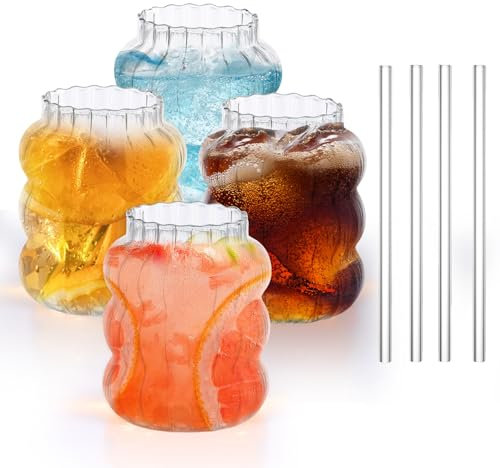 QINGLANG Lot de 8 tasses à café glacé vintage en verre nervuré de 650 ml avec pailles, verres à eau striés pour cocktail, whisky, bière