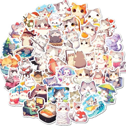 50PCS Kawaii Cat Stickers, Cute Waterproof Vinyl Decals for Water Bottles Laptops Notebooks Scrapbooks Journals Classroom Rewards Party Favours Gifts for Kids Teens Cat Lovers