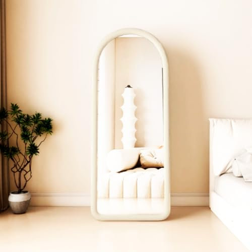 SensaHome gepolsterter Standspiegel oval – Ganzkörperspiegel Wildledersamt – 60 x 160 – Teddyweiß