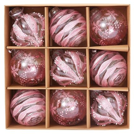 Christmas Baubles Set - 9 Pcs Shatterproof Ball Ornaments, Glitter Xmas Tree Hanging Decorations, Holiday Decor (Pink)