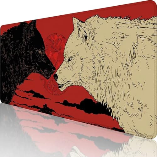 Rot Mauspad XXL 600 x 300, Erweiterte Groß Mousepad Wolf, Wasserfest Schreibtischunterlage Groß Vernähte Kanten Design, Mouse Pad mit rutschfeste Gummibasis für Pc Büro Deko, Geschenke für Männer 1-G