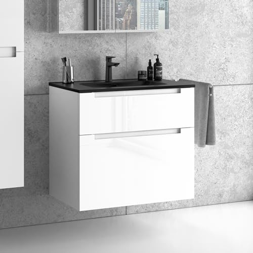 Zentrobad Premium Waschbecken schwarz mit Unterschrank glänzend lackiert 80 cm Waschtisch Badmöbel Badezimmer Schrank Badschrank mit Zwei Schubladen (Weiß glänzend)
