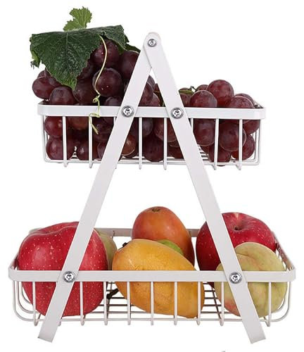 Tevimpeya Frutero de 2 niveles, bandeja de frutas apilable, estante de cocina de madera para colgar verduras y frutas en la cocina, ahorro de espacio, cesta de frutas para la familia, color blanco