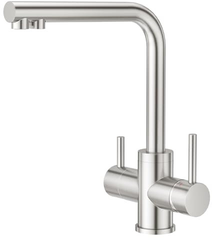 CREA 3 Wege Wasserhahn Küche, 360° Drehbar Küchenarmatur, 3 in 1 Mischbatterie für Wasserfilter, Trinkwasserhahn mit 2 Hebel, Drei Wege Armatur Küche aus Edelstahl,Gebürstete Oberfläche