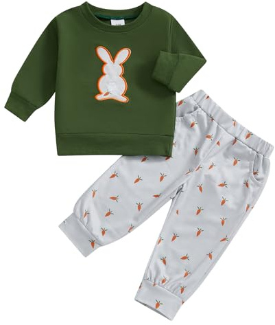 Toddler Baby Boys Easter Outfit Spring Clothes Rabbit Patch Sweatshirt Jumper Pullover Carrot Pants Trousers Jogger Infant 2Pcs Tracksuit (Green, 12-18 Months)