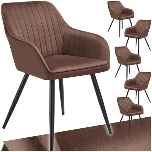 tectake® Samt Stuhl, Esszimmerstuhl mit Samtstoff, Küchenstühle modern, gemütlicher Sessel Wohnzimmer, Armlehnstuhl Esszimmer, Dining Lounge, Schminktisch Stuhl - braun/schwarz, 6er Set