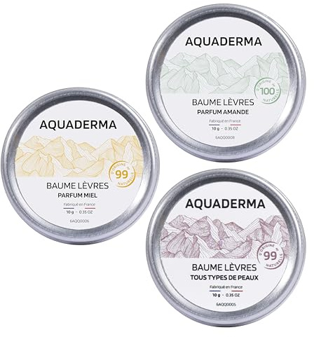 Aquaderma - Lot de 3 Baumes Lèvres, 3 Parfums : Coco, Miel & Amande - 10ml - Pot Aluminium - 99% Origine Naturelle & Made in France - Hydrate Intensément et Protège