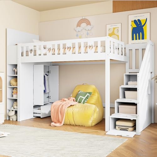 Kinderbett Etagenbett 90x200, Hochbett Hausbett mit Stauraumleiter&Regale&Stauschrank&Kleiderschrank&Schublade, Einzelbett Holzbett Jugendbett mit Lattenrost&Rausfallschutz, Kiefer, Ohne Matratze,Weiß