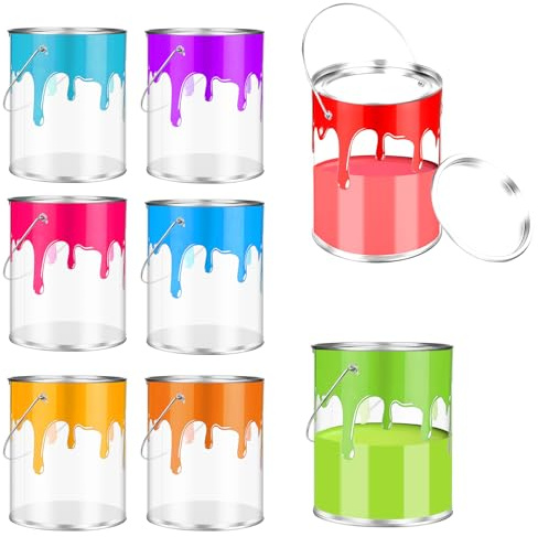 8 PCS Clear Paint Cans, Plastic Empty Bucket with Tinplate Lid Portable Handle Paint Containers for Party Favors Decor Candy DIY Art Craft Projects, 3.35 x 4.92 Inch