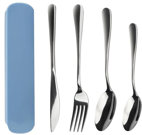 4 Piezas Cubiertos para Llevar con Estuche Cuchillo, Tenedor y 2 Cucharas Acero Inoxidable Apto para Lavavajillas Portátil y Reutilizable para Viajes, Escuela, Trabajo, Picnics, Camping (Azul)