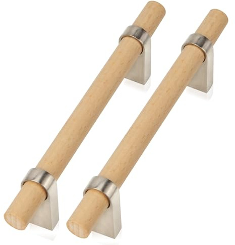 foxwake Schrankgriffe aus Holz und Silber, verstellbar, Doppelloch, 7,6 - 12,7 cm, moderne Metall-Kommodenknöpfe, 10,2 cm, Naturholz, Küchengriffe, Hardware (Mitte zu Mitte), 6 Stück