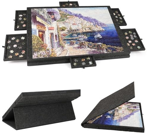 Ruication Tilting Jigsaw Puzzle Board 2-in-1 Designed Stand & Cover Lightweight Felt Jigsaw Board with 6 Drawers Portable 1500 Pieces Jigsaw Puzzle Table for Games Adults Gift