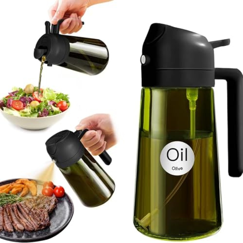 Spray/Bouteille d'Huile en Verre 470ml, Vaporisateur Huile Air Fryer 2-en-1 pour Cuisson, Salades, Vinaigre et Accessoires de Cuisine, Bouchon Anti-Goutte, Poignée Ergonomique, Noir, Vert (Noir)