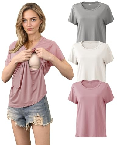 SUNNYBUY Still - Juego de 3 camisetas de lactancia de manga corta para mujer, ropa de maternidad cómoda para embarazo y lactancia, Gris+blanco crema+rosa viejo, XL