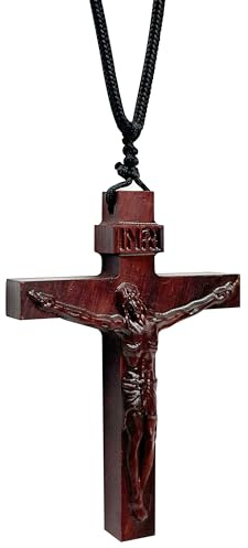 Collier avec pendentif en bois pour homme et femme - Croix chrétienne - Jésus catholique - Fait à la main - Corde tressée - Cadeau spirituel pour baptême, confirmation, Pâques