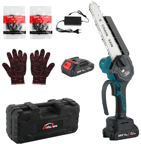 AUTOJARE 8 zoll Mini Elektro Säge 1000W Elektro Akku Kettensäge mit Automatischer Öler 24V Handkettensäge zum Schneiden von Zweigen und Holz mit 2 Batterien und 2 Ketten (Blau)