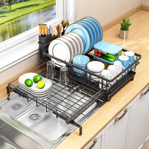 OrderlyGo Egouttoir Vaisselle, Extensible Égouttoir à Vaisselle avec Porte-ustensiles, Économisez de l'espace Egoutoire Vaisselle Cuisine et Drainage Automatique, pour Cuisine, Noir
