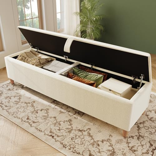 Kebnor Bettbank mit Stauraum,Polsterbank mit Hydraulischem Stauraum, Aufbewahrungsbox, Geeignet für Schlafzimmer, Wohnzimmer und Flur, Beiger Cord-Optik. (145 x 38 cm Bettbank)