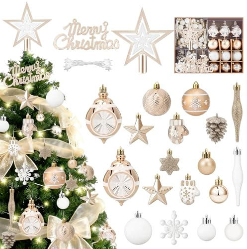 Charmofun Premium Weihnachtskugeln, 70er Set Christbaumkugeln Kunststoff - Mit LED-Licht, Baumspitze Stern, Kleine Weihnachtskugeln - Christbaumschmuck für Drinnen & Draußen, Mehrweg Weihnachtsdeko