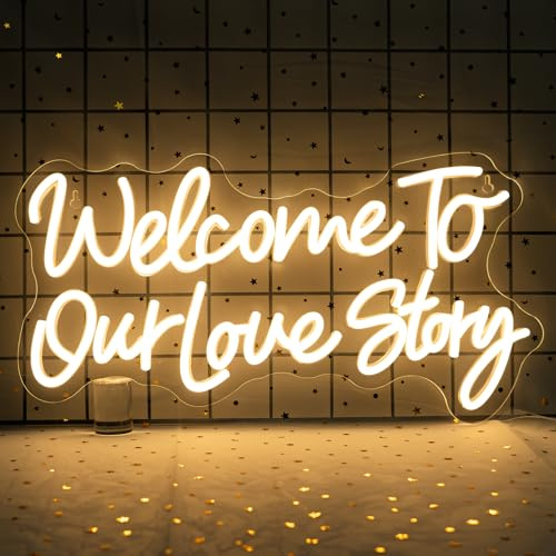 SIGNSHIP Welcome To Our Love Story Neon Schild Led Schild Dimmbar Willkommen Zu Unserer Liebesgeschichte Led Schriftzug Leuchtschilder Wand Decor für Hochzeit,Heiratsantrag,Jahrestag,Party,Geschenk