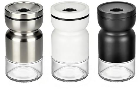Rieoany 3-Piece Cruet Set Glass and Stainless Steel Salt and Pepper Pots Salt Shaker with Lid and Adjustable Spout (Black, White, Silver)