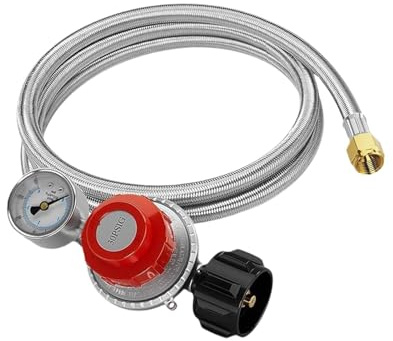 KiBcsLic Regulador Propano Ajustable para Parrilla con Manómetro para Manguera Metálica y Quemador Resistente a Alta Presión Adecuado para Freidoras de Pavo, 5 Pies