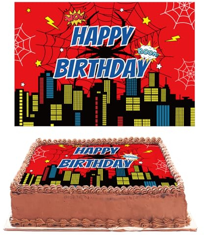 Images Comestibles Carrées Décorations Gâteau, 28x19,4cm Araignée Joyeux Anniversaire Décoration Gâteau Ville Rouge Dessin Animé Papier Azyme Comestible Araignée Décor Gâteaux