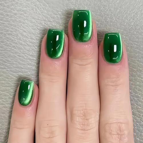 MouyouGlow Press on Nails Kurz,Square Grün Einfarbige Cat Eye Magnetic Design Fake Nails mit Nagelkleber,Green Phototherapy Sommer INS Sweet Artificial Künstliche Fingernägel