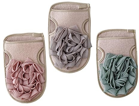 ULTECHNOVO 3pcs Double-sided Bath Gloves for Cleaning and Exfoliating, Soft Polyester Cotton and Mesh Body Shower Mitts to Make Skin Smoother and Remove Dirt, Bath Accessories