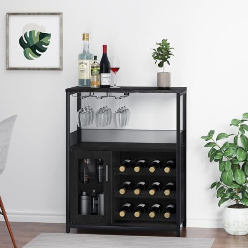 OPULENTHOME Mueble de bar de vino, aparador industrial, portabotellas, portavasos de vino extraíble, mueble de almacenamiento, armarios y muebles para vino, 12 botellas, para sala de estar, cocina