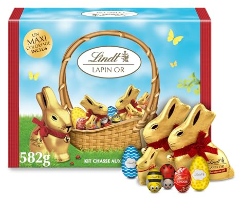 Lindt - Kit chasse aux œufs LAPIN OR - Assortiment de Chocolats au Lait et Lait-noisettes - Idéal pour Pâques, 582g