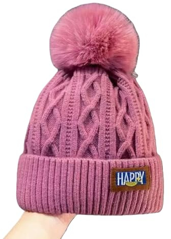 Gyios Bommelmütze Damen-mütze Aus Dickem Samt Mit Bommel, Winter-Thermo-strickmütze Ohrenschutz, Weiche, Warme Wollmütze Für Eine Größere Kopfform-rot