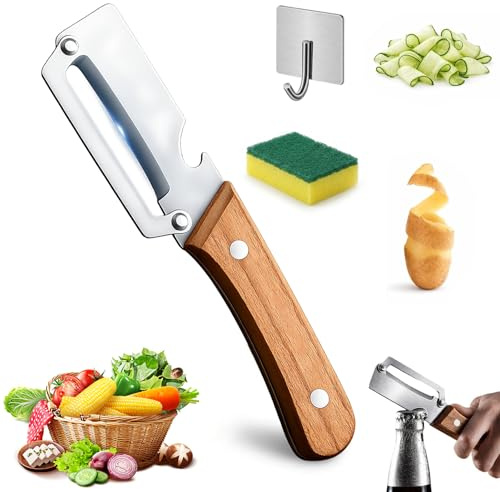 Multi-Functional Vegetable Peeler for Kitchen, 2-in-1 Stainless Steel Julienne Peeler with Wooden Handle and Bottle Opener, Easy Veg Peelers for Potato, Apple, Carrot & Fruit (Wooden)