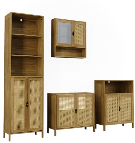 Vicco Conjunto de Muebles de baño Liora, Bambú, 60 cm, Compuesto por Mueble bajo Lavabo, Espejo, Columna Alta y Columna Media