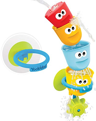 Yookidoo Baby Bath Toys - Fill 'N' Spill Set of Four Stackable Cups with Suction Cup Ring Holder and Water Wheel- Sensory Toy for Bath Time - Attaches to Any Bath Tub