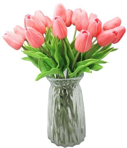 ALIERSA 10-huvuden konstgjorda blommor PU mini äkta touch tulpanbuketter (strålande koral)