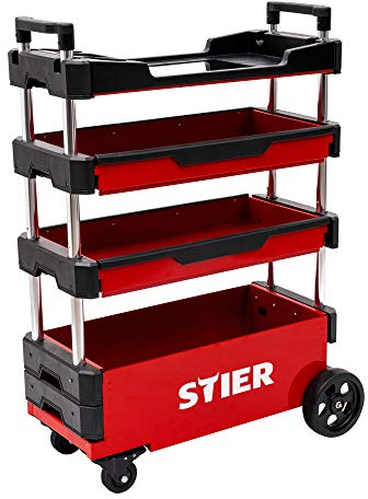 STIER Montagewagen, klappbar, 80kg Tragkraft, LxBxH 700x380x535 eingefahren, LxBxH 700x380x900mm ausgefahren, rollende Werkstatt, für Kleinteile und große Werkzeuge, Werkzeugkasten leer