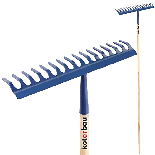 KOTARBAU® Laubrechen - 43 cm - Metall Rechen für Gras & Laub - mit Holzstiel - 155 cm - Gartenrechen - Rasenrechen mit 16 Zinken - Gartenwerkzeug für Rasenpflege - Stahl - Marineblau