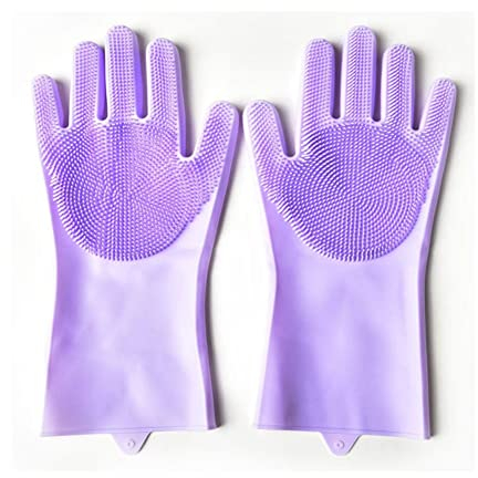 SHTGOI Silikon Spülhandschuhe mit Wash Scrubber 1 Paar Verdickte Zauberhandschuhe Verbrühungsschutz Geschirrspülhandschuhe Wiederverwendbare Reinigungshandschuhe für Küche Bad Auto Lila